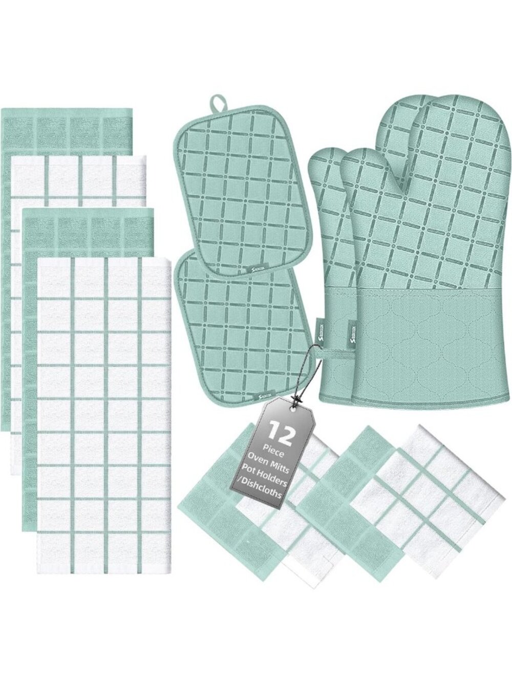Heat Resistant Oven Mitts & Potholders Set with Non-Slip Grip - Mint Green